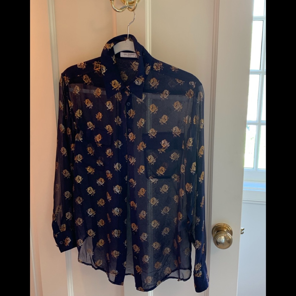 Navy, sheer silk Equipment blouse with gold detail
